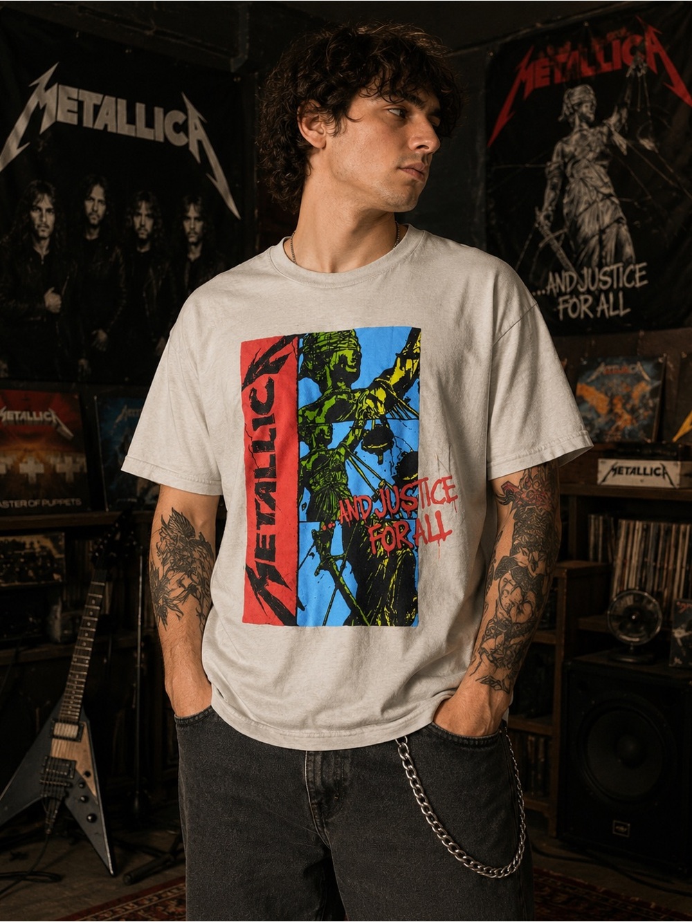 Metallica And Justice For All Graphic T-Shirt Beige Size XL New